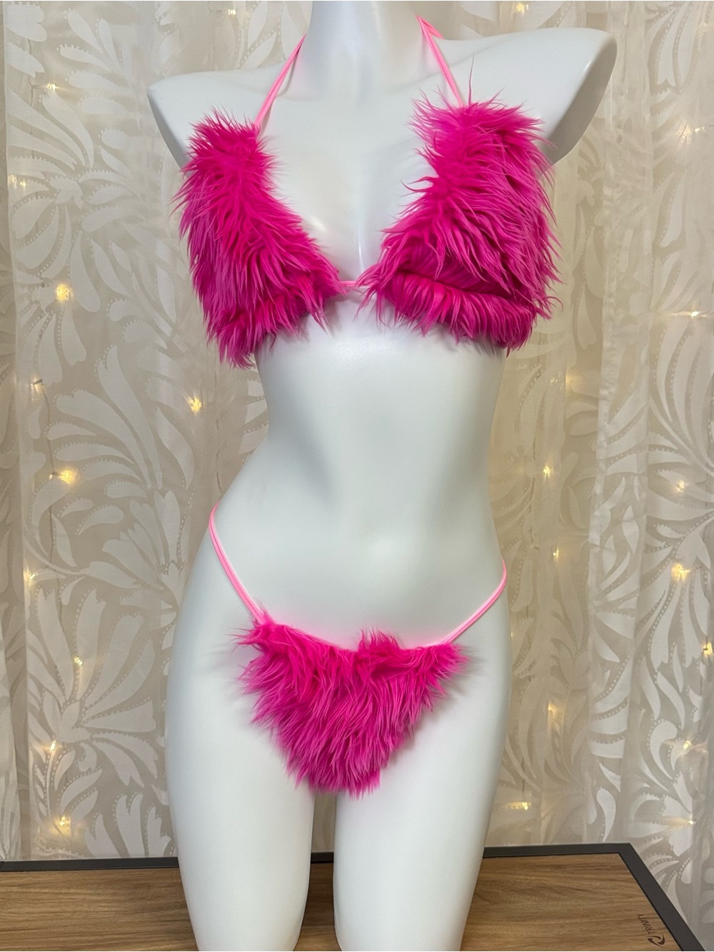 Forplay Fuchsia Faux Fur Triangle Top & Thong Set